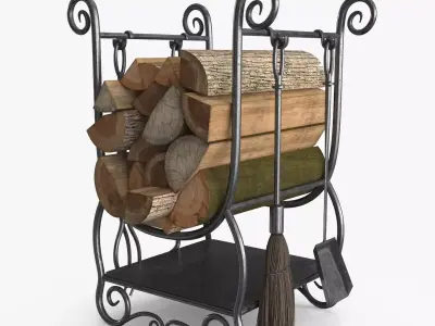 Fireplace Tools with Pile of Wood Low-poly 3D model