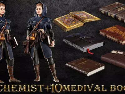 ALCHEMIST WITH 10 MEDIVAL BOOKS Low-poly 3D model