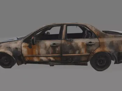 Burned Wrecked Sedan Car Post-Apocalyptic Abandoned Vehicle Low-poly 3D model