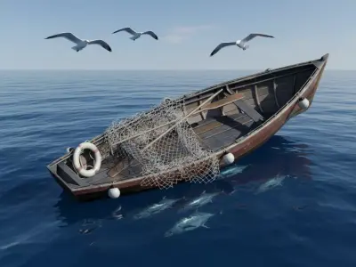 Old Wooden Fishing Rowboat with Net and Buoys 3D model  3D model