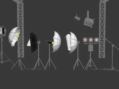  studio lighting, softbox, microphone, speakers, a farm, a suitcase, soffits, sennheiser, studio 
