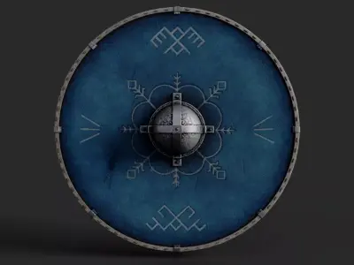 Slavic round leather shield-painted blue with pagan symbol Low-poly 3D model