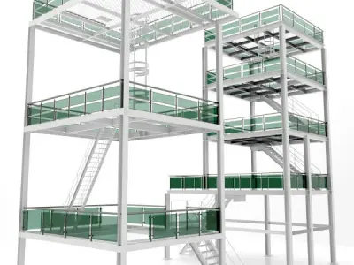 Platform 2 metal building with stairs and railings 3D model