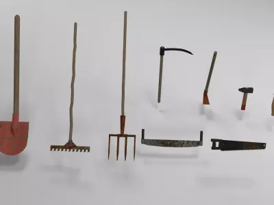 Pack of 9 Medieval farm tools Low-poly 3D model