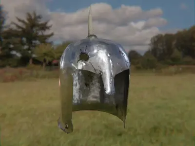 Medieval one horn damaged knight helmet Low-poly 3D model