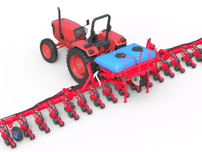 Generic Farm Tractor and Trailed Seed Drill  Low-poly 3D model