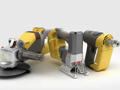 set of modern portable power tools Drill  grinder and jigsaw Low-poly 3D model