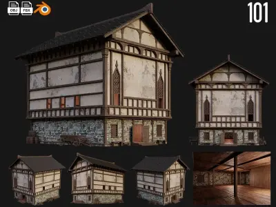 4 Old Medieval Buildings Pack 4K Textures GameReady 101 to 104 Low-poly 3D model