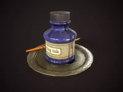 Vintage old inkwell and ink pen Low-poly 3D model