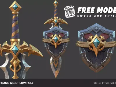 FREE Sword and Shield stylized Game asset Low poly AI texture Free low-poly 3D model