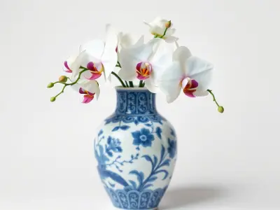 Elegant Blue Porcelain Vase with Orchids Model Pack Low-poly 3D model
