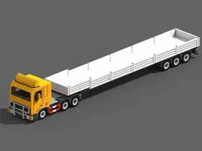 Voxel Truck And Flatbed Trailer Low-poly 3D model