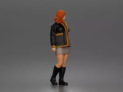 Stylish woman walking confidently in coat skirt and tall boots 3D print model