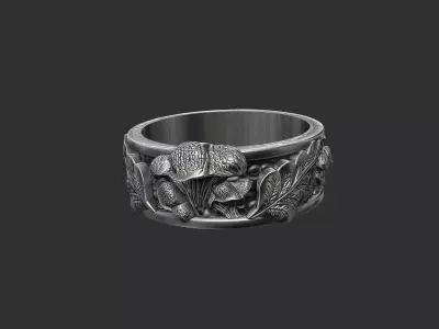 Chantrelle mushroom and tree leaves wedding band 3D print model