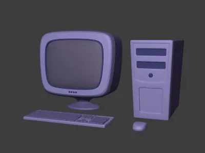 Cartoon Old Computer Desktop - PC Monitor Screen Keyboard Mouse Low-poly 3D model