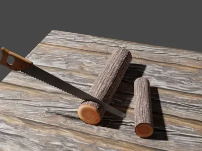 Handsaw and Wood Logs Low-poly 3D model