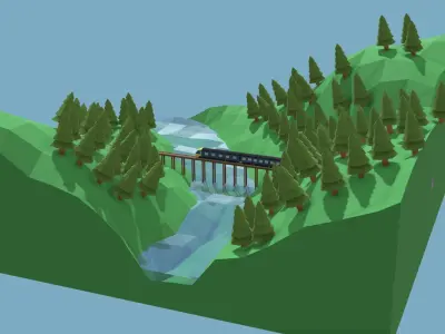 Train On Bridge Low Poly Scene Low-poly 3D model