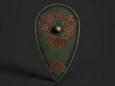 Slavic kite leather shield-painted green with uroboros symbol Low-poly 3D model