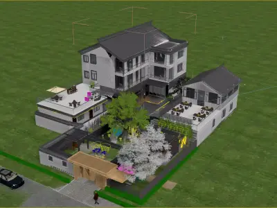 Chinese villa landscape courtyard Japanese villa 3D model