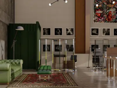 Industrial Tattoo Studio 3D Model with Eclectic Interior Design 3D model