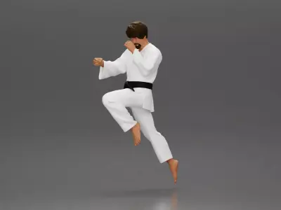 Karate Practitioner in Gi Performing a Jumping Martial Arts Move 3D print model