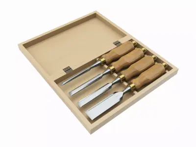 Chisel set in wooden box 3D model