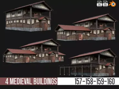 4 Medieval House Building Pack 4K Textures GameReady 157 to 160 Low-poly 3D model