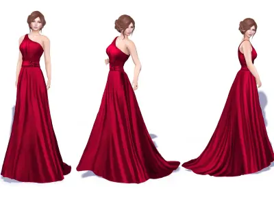 One Shoulder Gown Dress with Train Low-poly 3D model