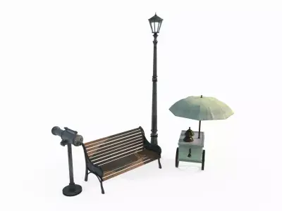 Street lamps telescopes benches 3D model