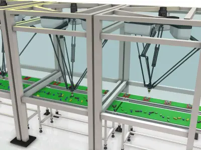 3 Delta Robot  - Station  Assembly Process Line  Low-poly 3D model