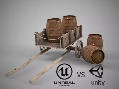 Low-poly 3D model collection of cart and wooden barrels Low-poly 3D model