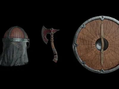 Low poly Assets viking helmets and shields Low-poly 3D model