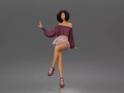 Stylish girl sitting gracefully in relaxed offshoulder top skirt 3D print model
