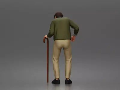Elderly man walks using cane wearing sweater collared shirt 3D print model