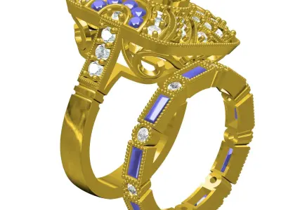 Antique Art Deco Engagement Ring With Band 3D print model