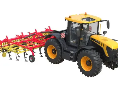 JCB Fastrac 4000 ICON Tractor and Agricultural Cultivator Low-poly 3D model