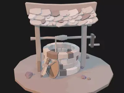 Low poly well with sword and shild aside Low-poly 3D model
