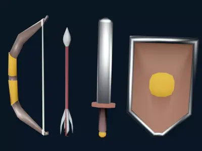 sword with shield and bow with arrow for game PBR Free low-poly 3D model