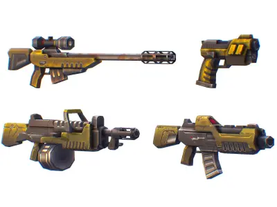 Weapons Set 4 Gun Pistol Assault rifle Sniper rifle machine gun  3D Model Pack