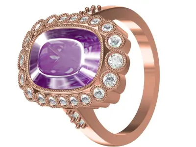 Cushion Cut Purple Diamond Milgrain Bezel Set Cocktail Ring 3D print model