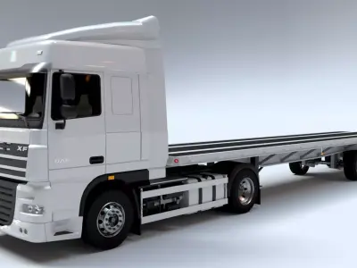 Articulated DAF XF Truck Cab with Flatbed Trailer Low-poly 3D model