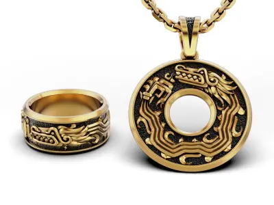 Aztec Quetzalcoatl Dragon Ring and Pendant 3D Model Pack