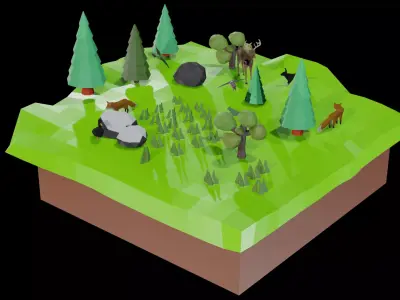 Low-Poly Forest landscape with trees and animals 3D model