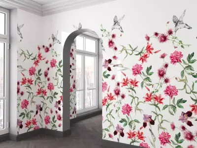 WallDeco-Life-var-110 room with flowers and birds on wall 3D model