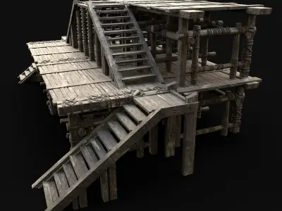 PIER PLATFORM WOODEN WATCHTOWER BRIDGE CONSTRUCTION Low-poly 3D model