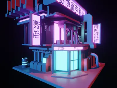  exterrior-building cyberpunk restaurant isometric Free low-poly 3D model
