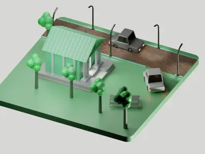 Low poly Isometric 3d Bank with cartoon car Low-poly 3D model