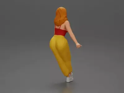 Woman sitting on car in red top yellow pants striking playful 3D print model