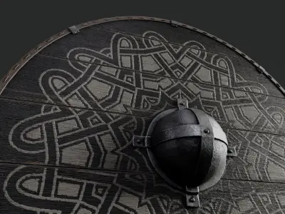Slavic round wooden shield-painted  with nordic symbol Low-poly 3D model purchase