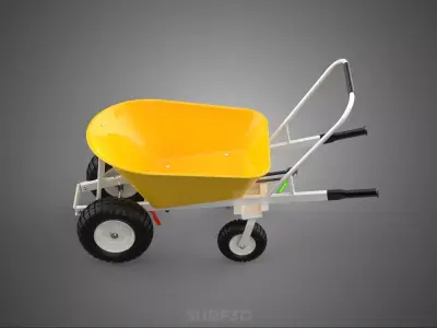 YELLOW FOUR CASTER WHEELED GARDEN CART WHEELBARROW HANDBRAKE TIP 3D model